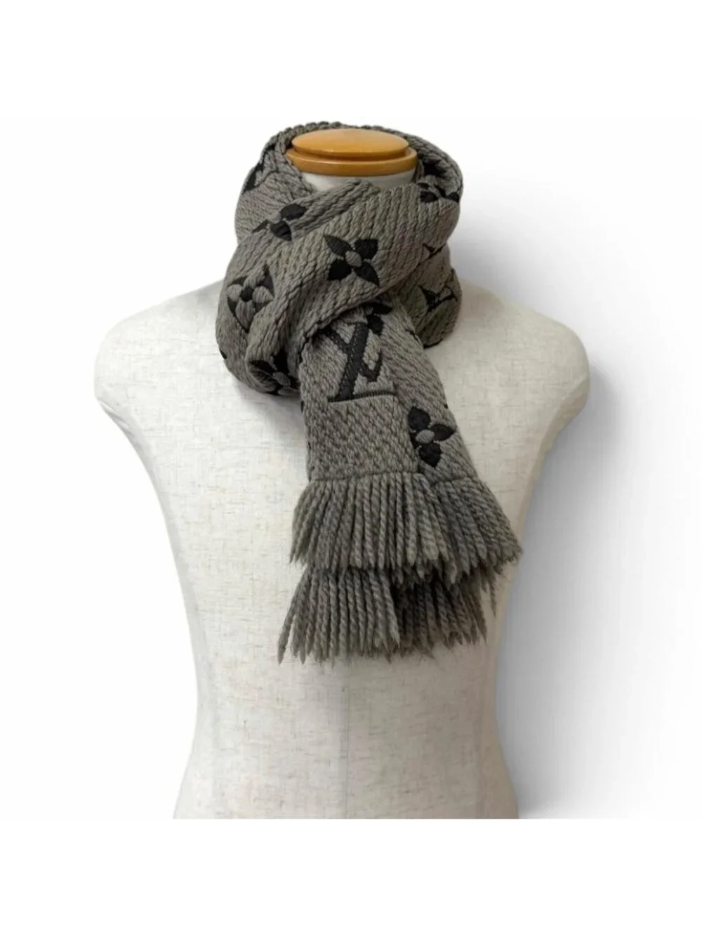 Louis Vuitton Logomania Scarf Wool Silk Fringe Greige